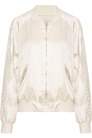 Macaroon Delights Lace-trimmed silk-blend satin bomber jacket